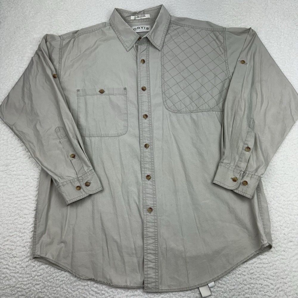 Orvis Quilted Shooting Safari Shirt Men's Large Beige Cotton Tab Sleeve Flaws